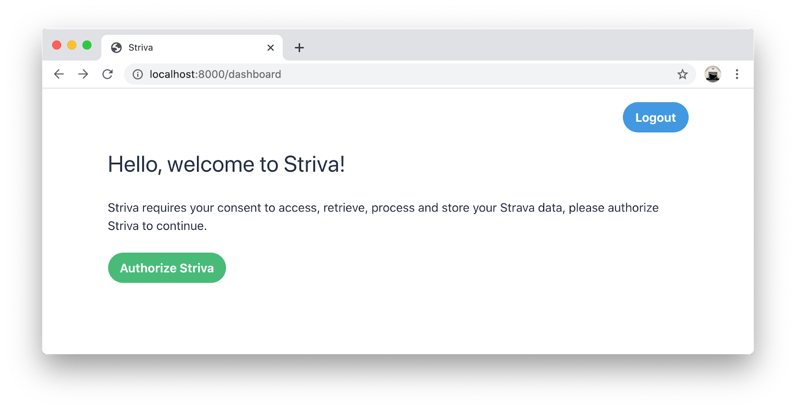 The welcome page from Striva