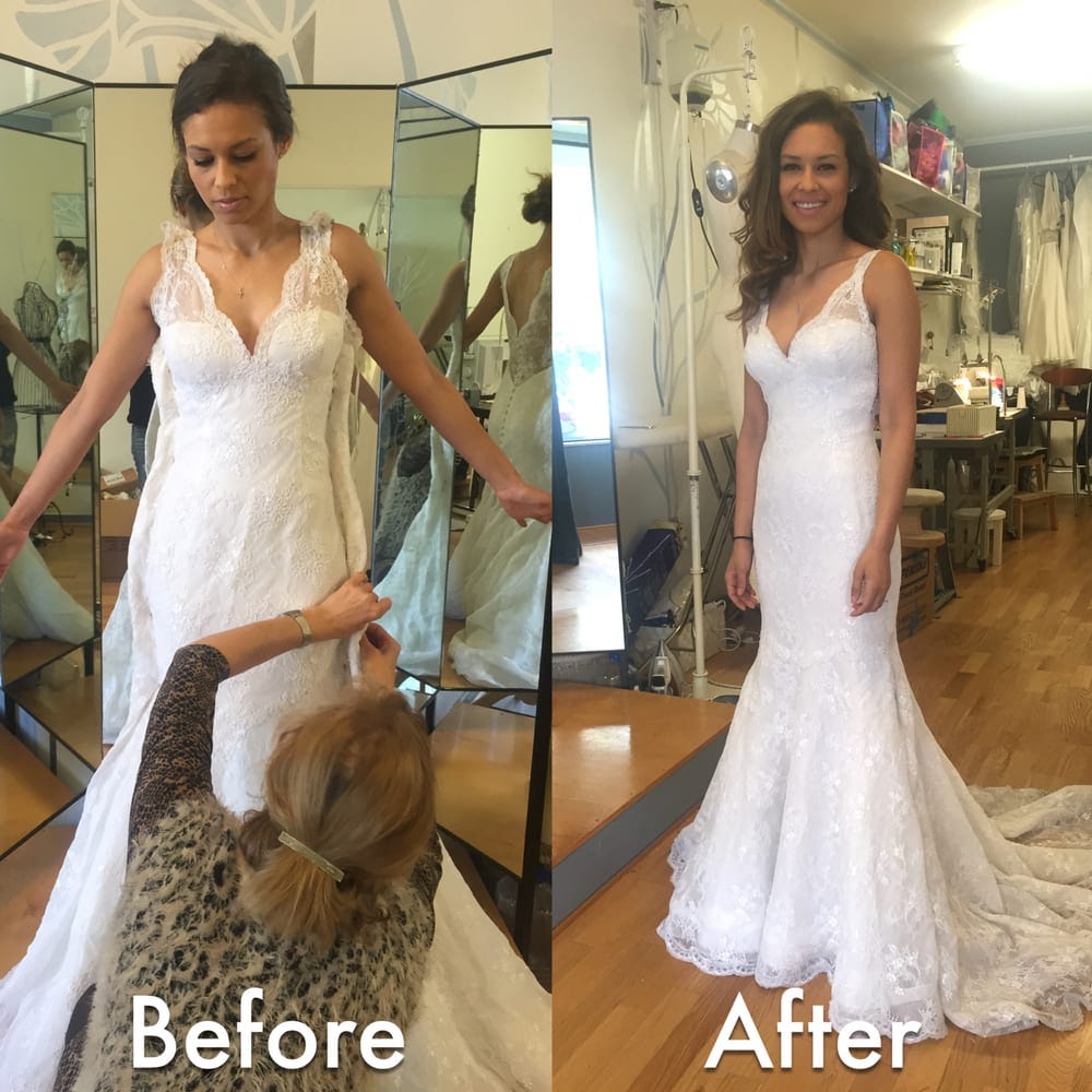 adding beading to wedding dress before and after On this dress, I added nude lining to the bodice and closed the neckline for more of a modest look Added custom beads down the front Hem #mybride #yegnurse The Bridal Boutique