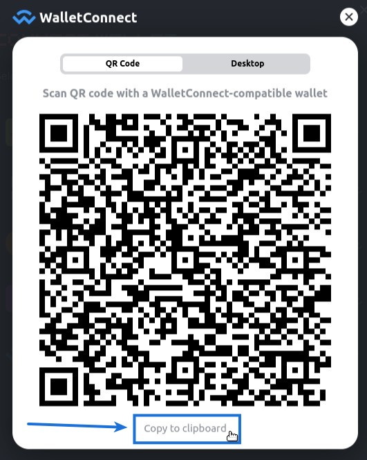 WalletConnect QR code - you need to click on copy