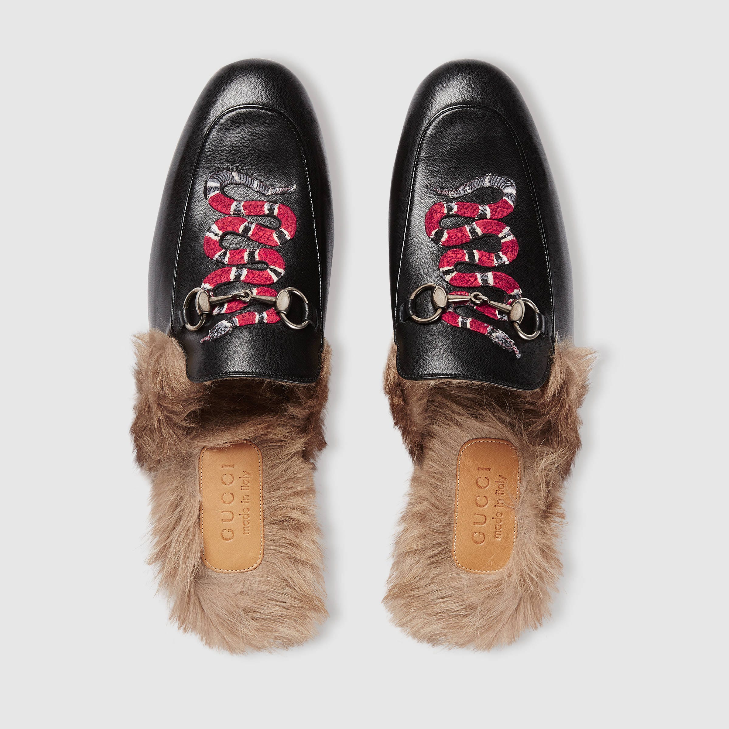 Gucci Princeton Black Slippers/ Loafers with Tan Fur Lining and Snake Embroidery $1,095 GUCCI -  main image 2