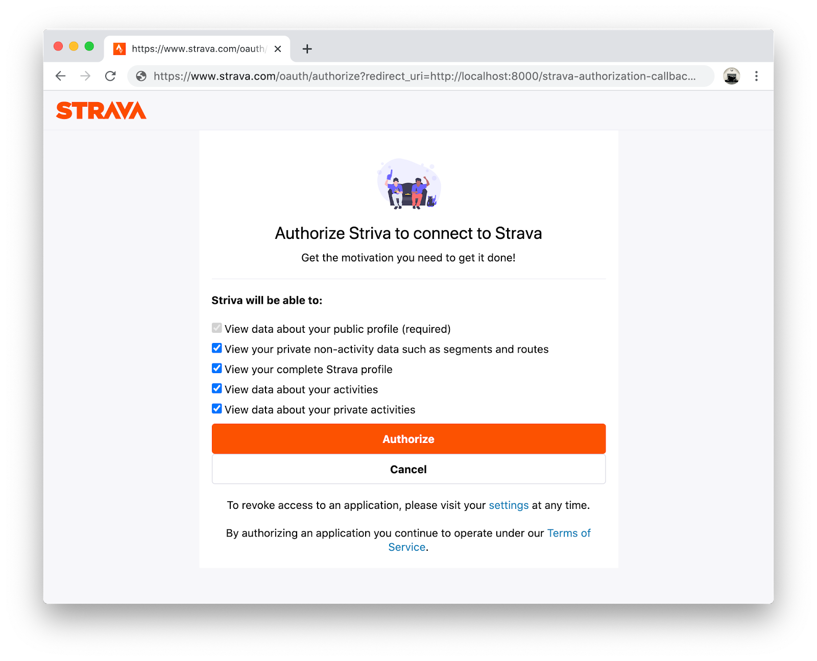 The authorisation page from Striva