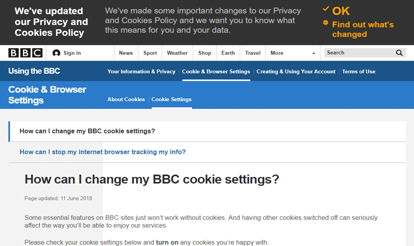 The BBC homepage showing a top header cookie policy notification