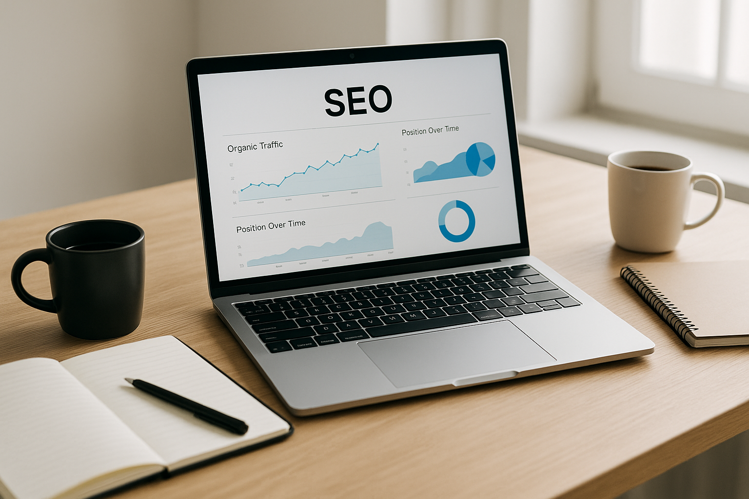 Dasbor analitik SEO pada layar laptop