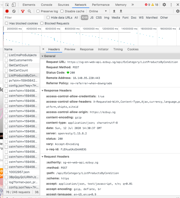 XHR section under Network - Product list API request and response