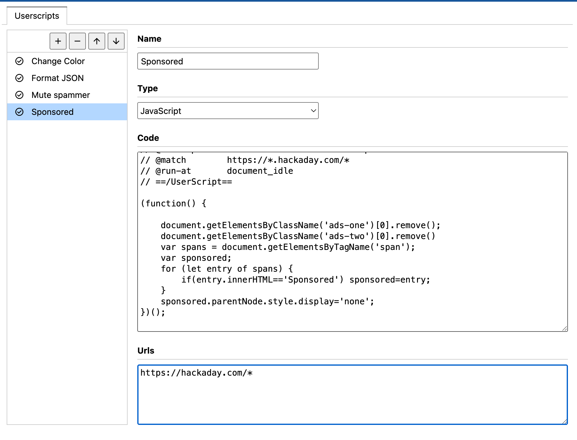 Hide the HTML element containing ads User Script