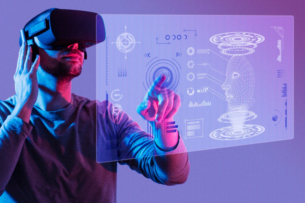 Future of Logo Design- Futuristic AR/VR interface with floating digital elements