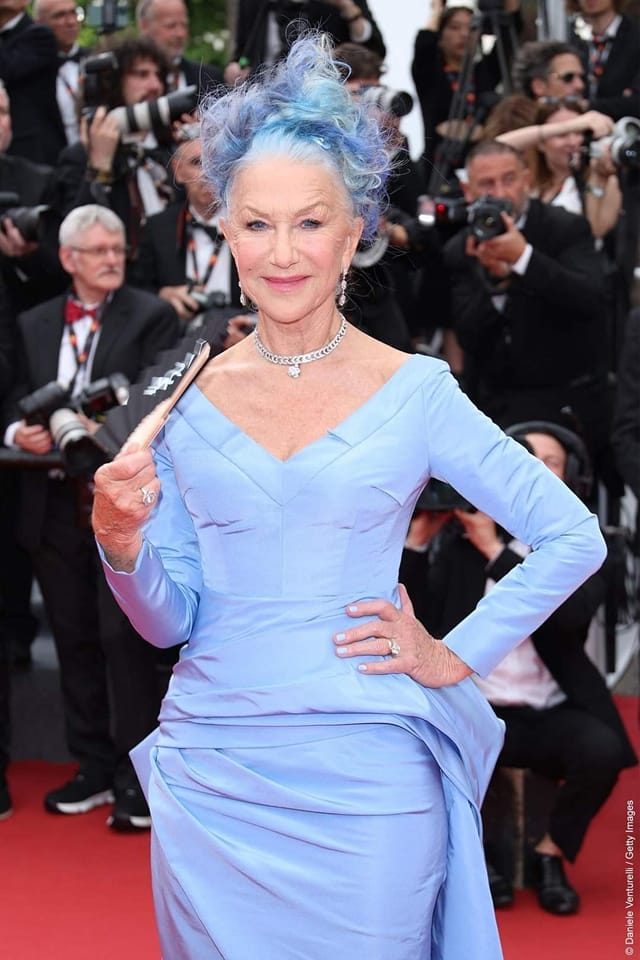 helen mirren blue dress Helen Mirren Blooms in 3D Florals at London Premiere