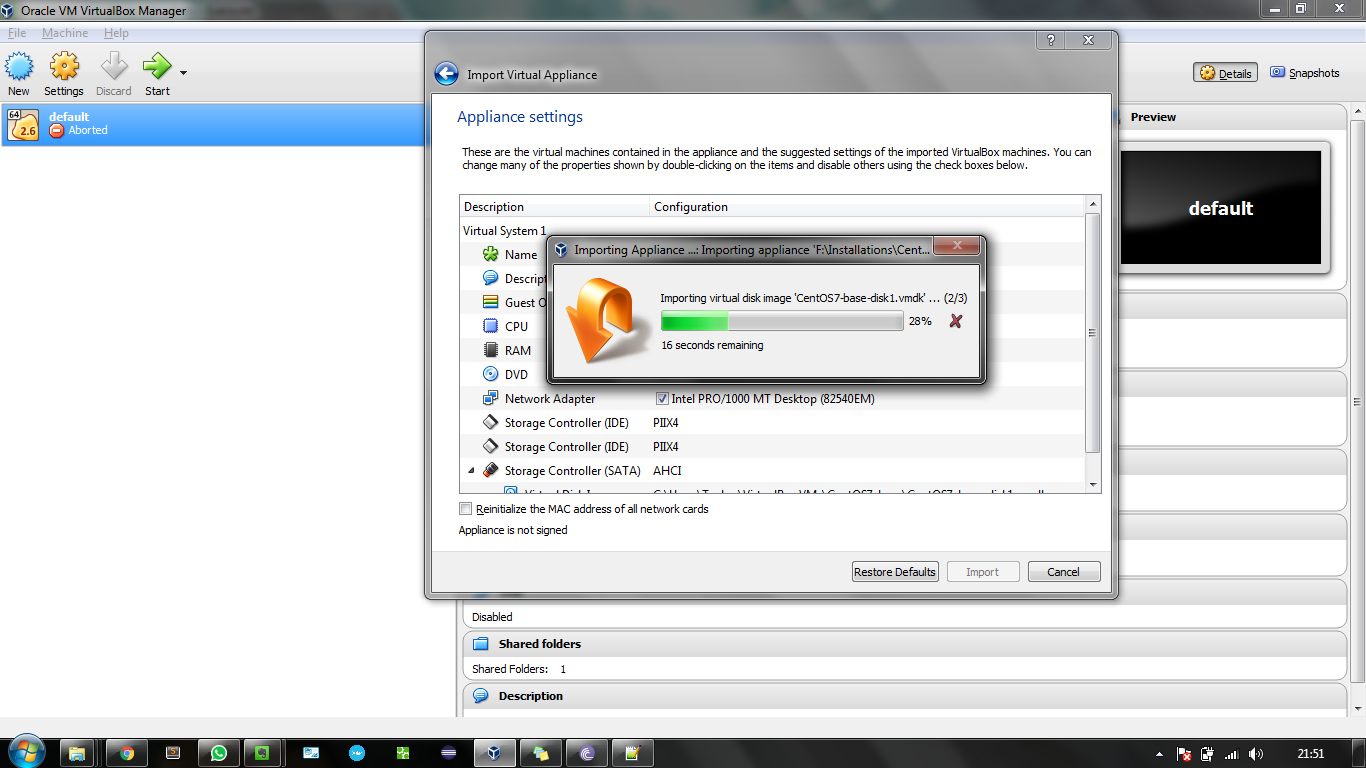 Installing / Importing CentOS 7 Base of .ova file format on