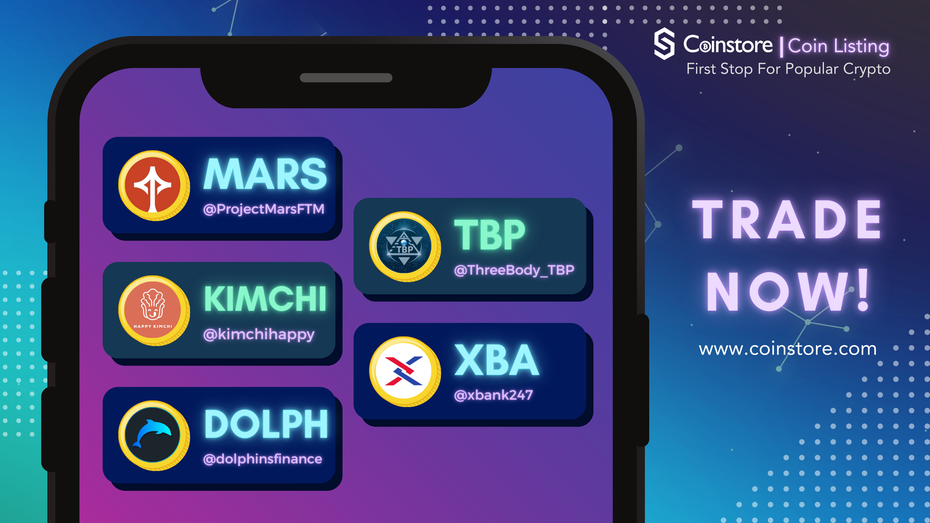 MARS, KIMCHI, DOLPH, TBP, XBA — Coinstore lists new tokens! | by Coinstore  | Coinstore Exchange | Medium