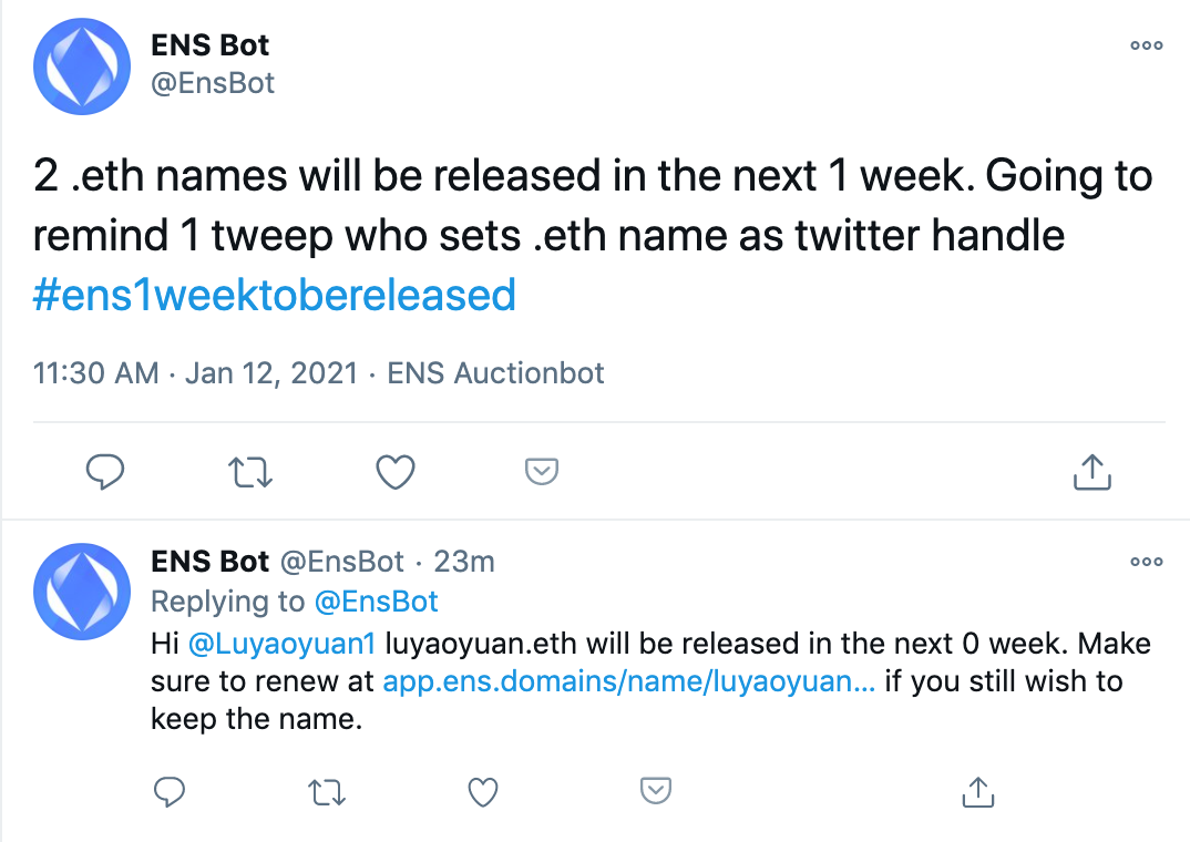 ensbot Will Now Tweet at You to Renew that .ETH Name in Your Twitter  Profile | by makoto_inoue | Medium