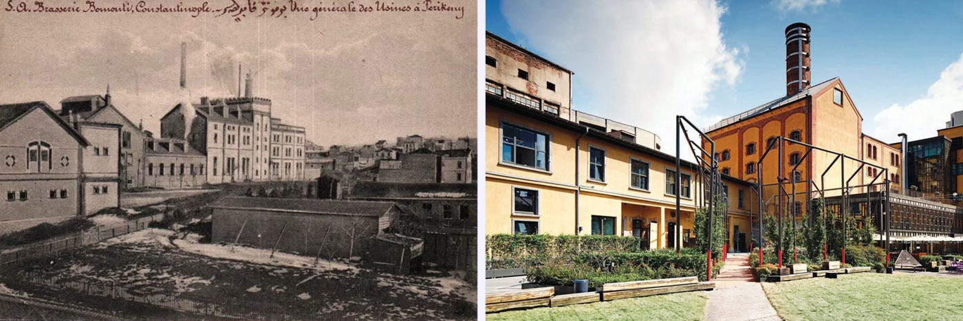 A bit of nostalgia: the old Bomonti Beer Factory (left), which was repurposed to become bomontiada (right).