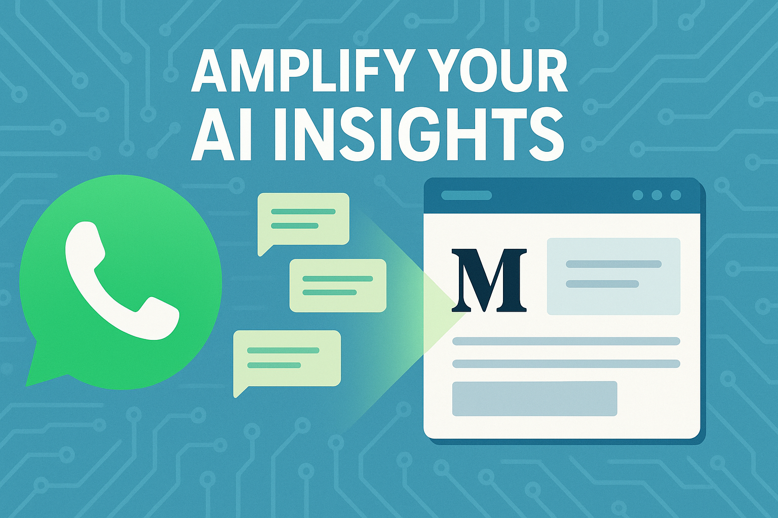 The graphic shows a green WhatsApp chat bubble sending message cards into a Medium article window beneath the headline "AMPLIFY YOUR AI INSIGHTS," visualizing AI Impact Hub's flow from bite-sized chat updates to in-depth Medium analysis.