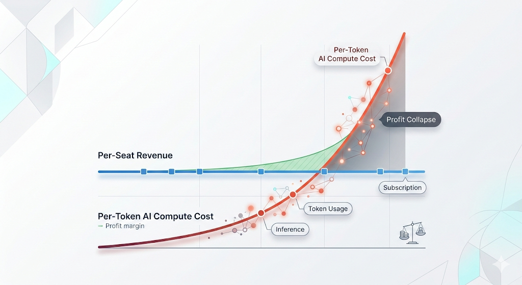 A split-screen infographic showing the legacy SaaS cost model (high gross margins, flat cost per user) next to the AI compute cost model (lower margins, linear scaling cost based on token/GPU usage).