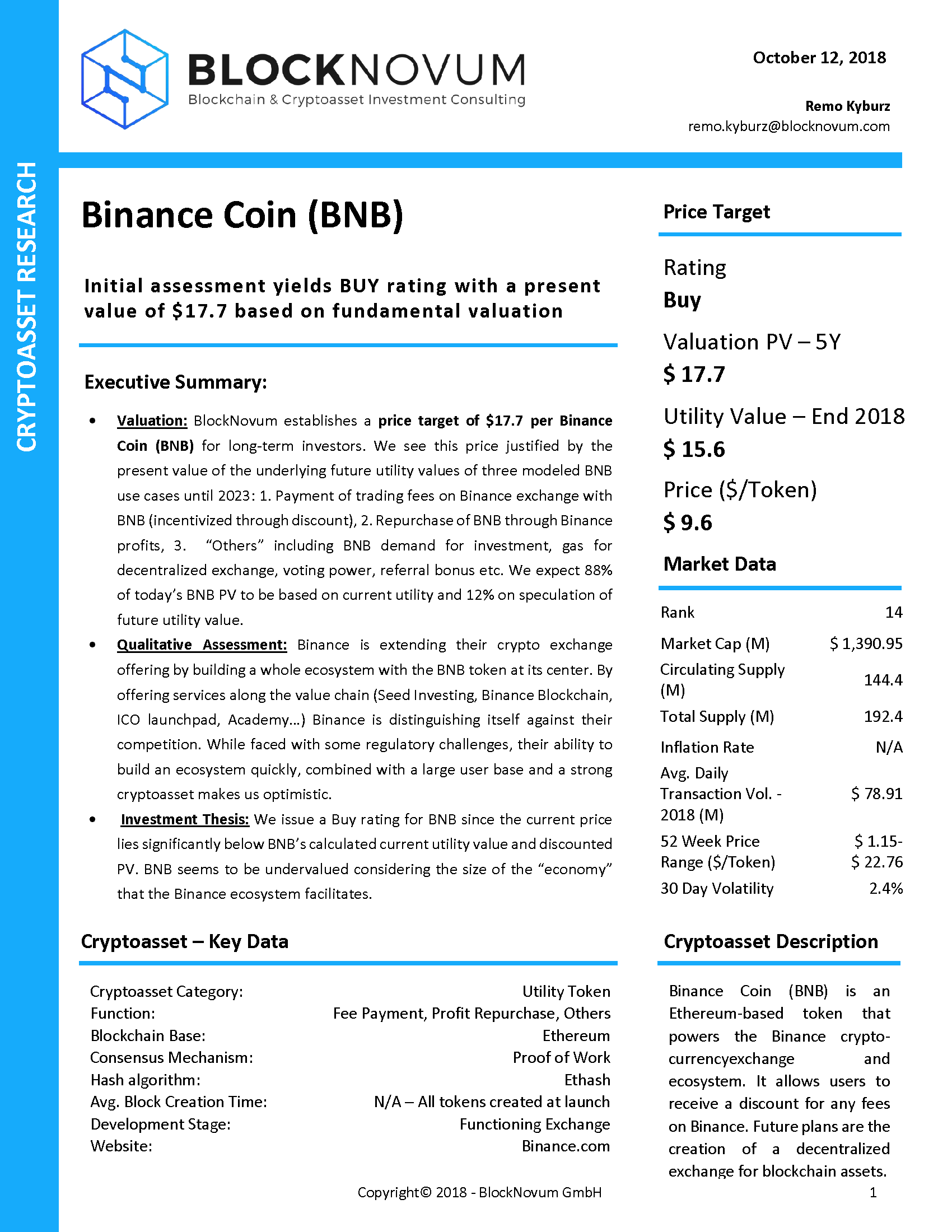 Binance Coin (BNB) Investment Research Report | by Remo Kyburz | BlockNovum  | Medium