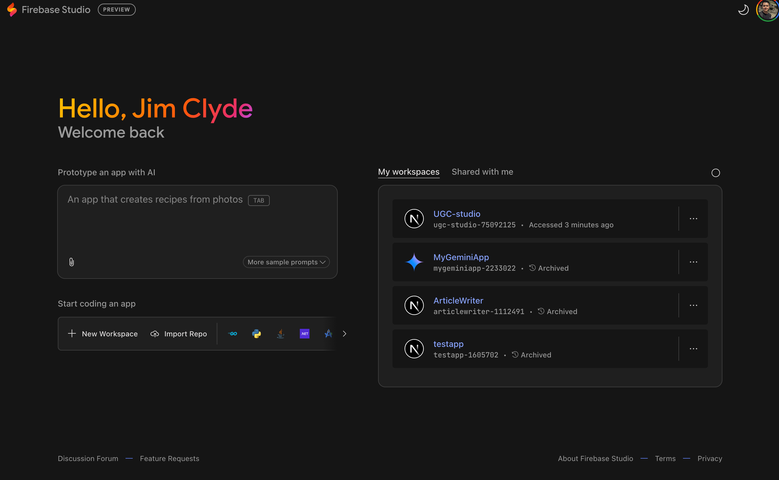 Screenshot of Firebase Studio dashboard. Image by Jim Clyde Monge