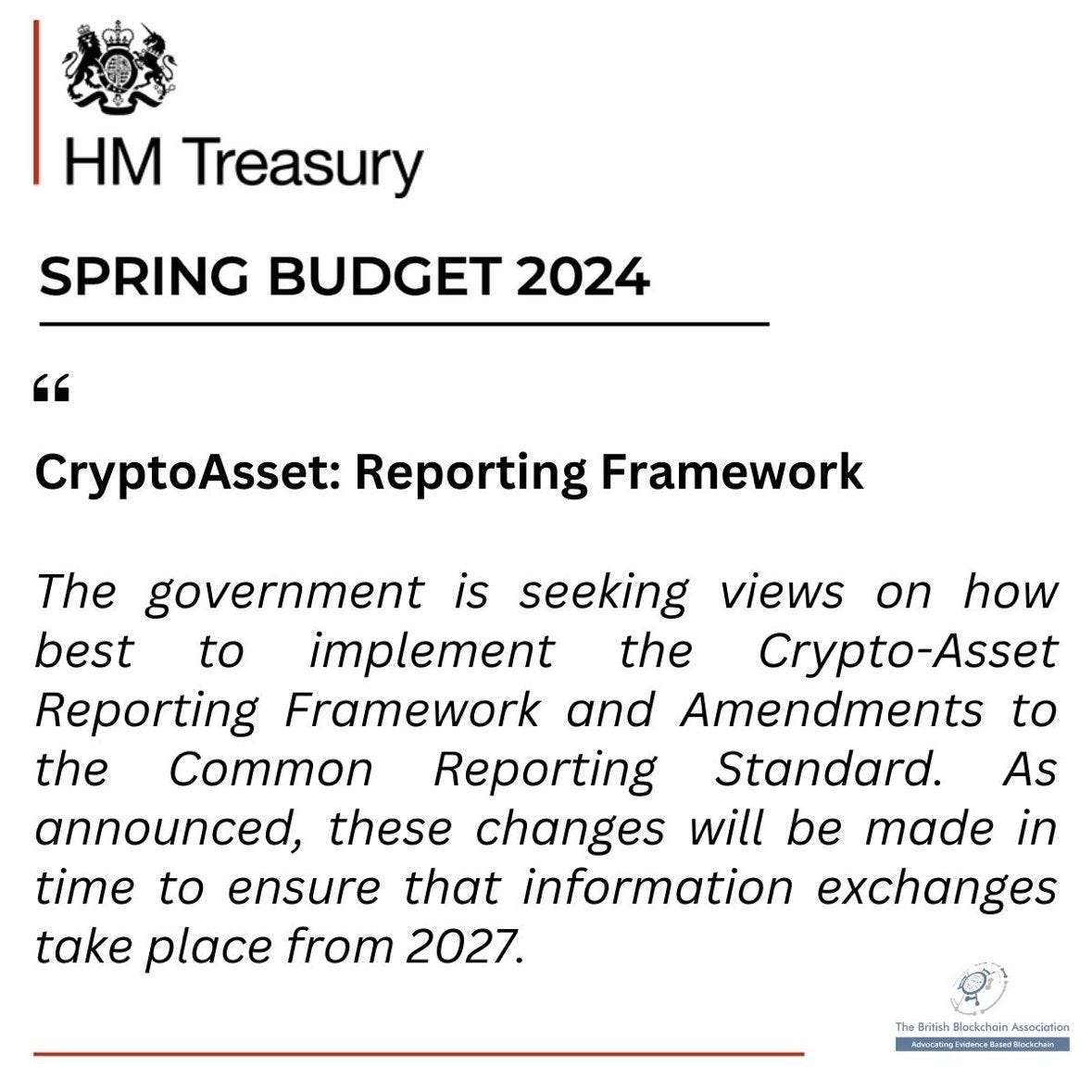 UK Budget Statement 2024: Government Launches Consultation on Cryptoasset  Reporting Framework Ahead of 2027 Implementation - The British Blockchain  Association (The BBA) - Medium