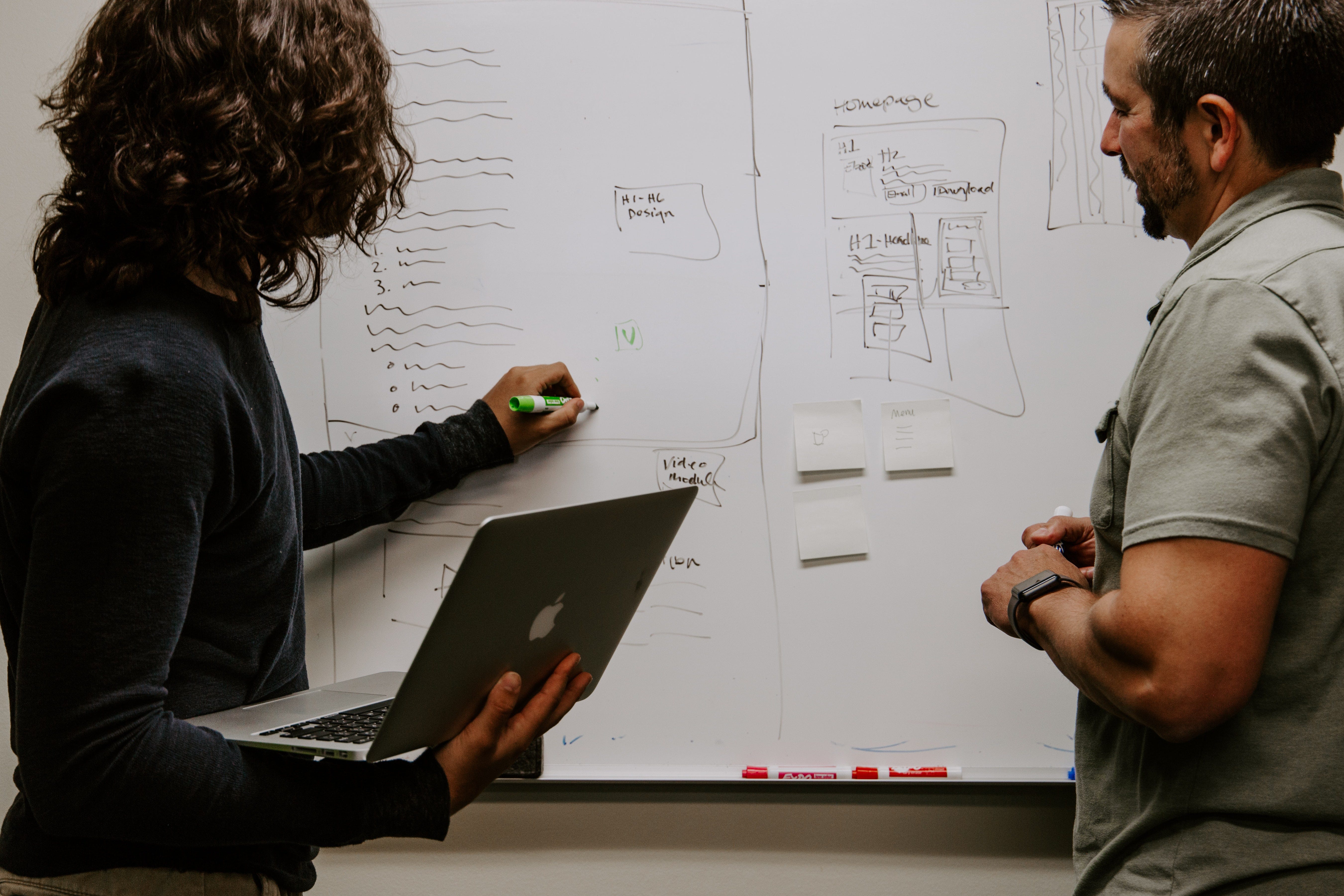 two developers discussing a project with a whiteboard showing workflow