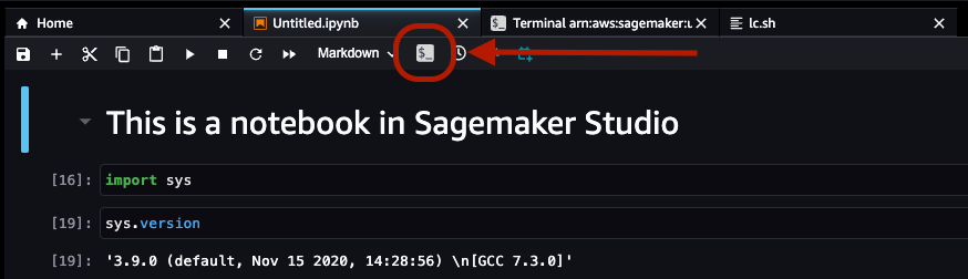 Icon to get into the terminal for your notebook instance