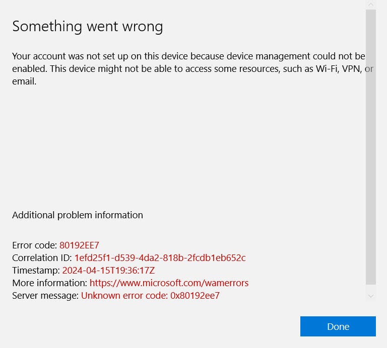 Error code 80192EE7 while trying to register a Windows 10 or