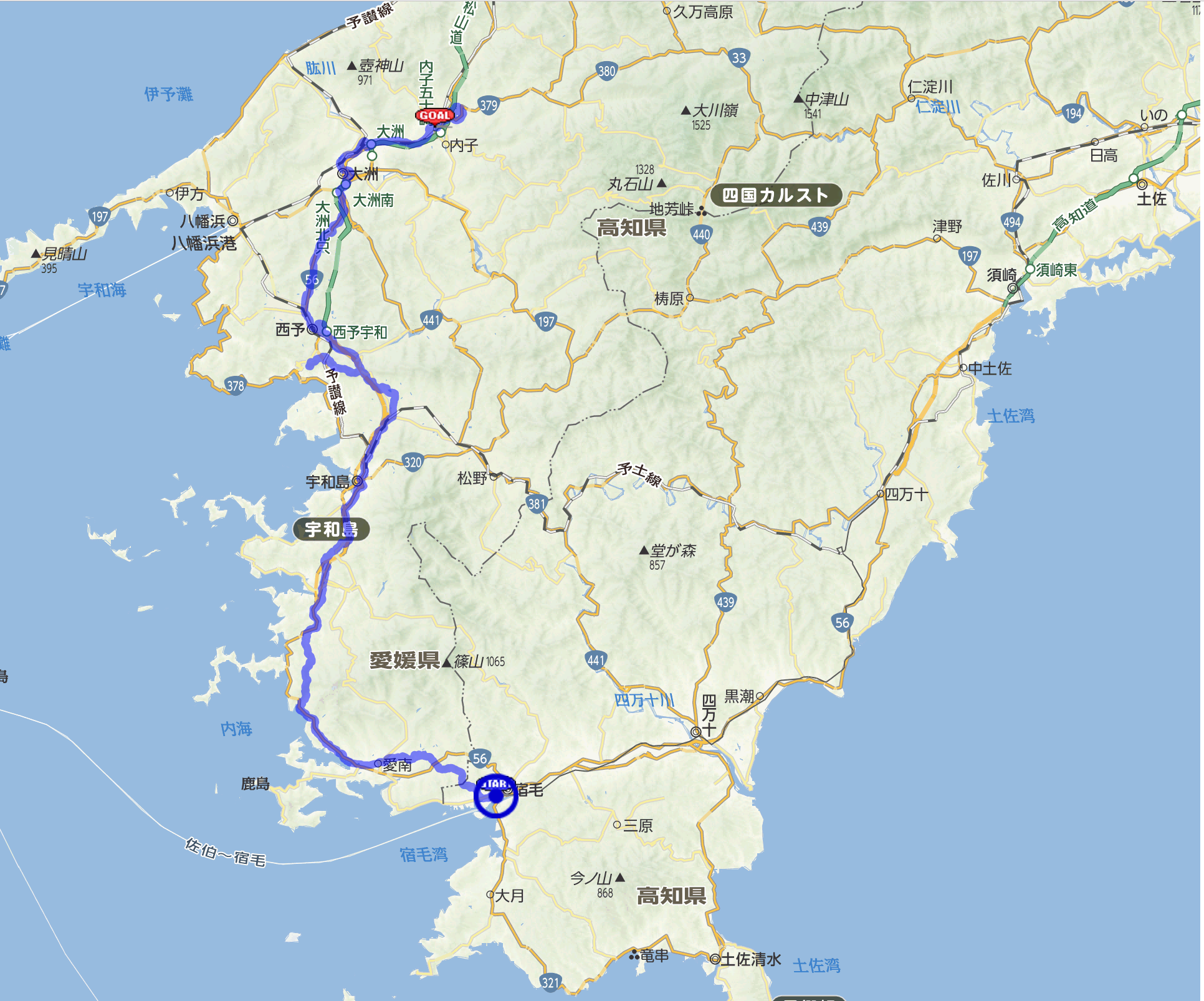 合計150kmの四国のみちを高知の宿毛から内子まで走ってみよう！（計画