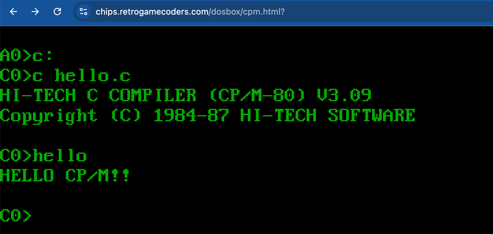 Compiling Hello World in Hi-Tech C on CP/M
