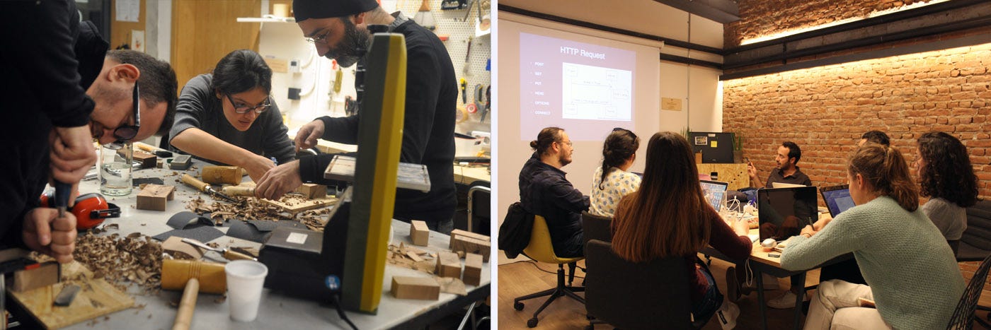 Photos from previous 101 sessions at ATÖLYE, one on woodcarving (left) and on coding (right).