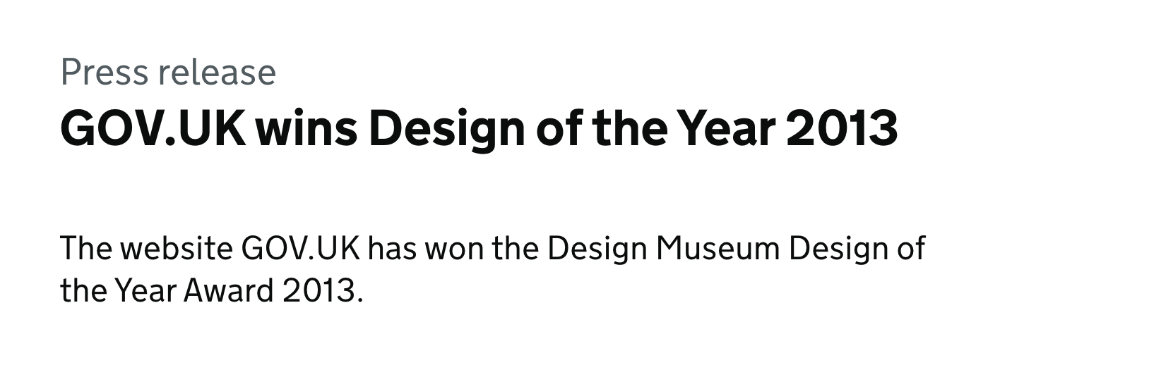 Screenshot of the press release where GOV.UK won Design of the Year 2013