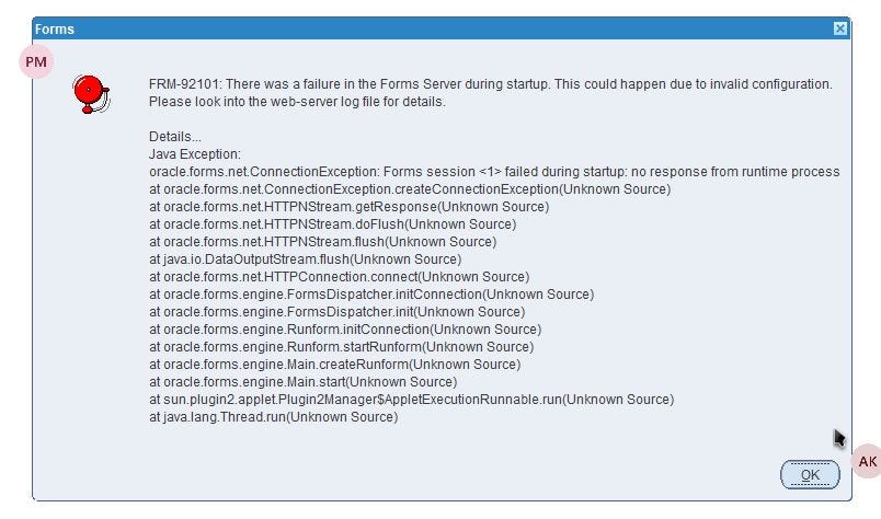 FRM-92101: there was failure in the forms server during