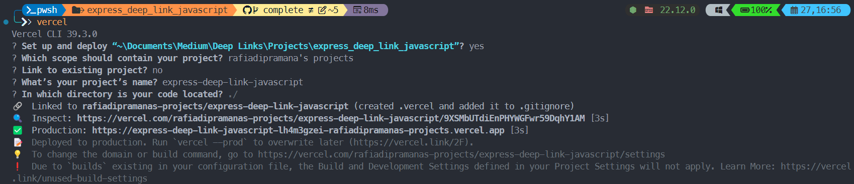 Proses deployment web server ke Vercel menggunakan Vercel CLI