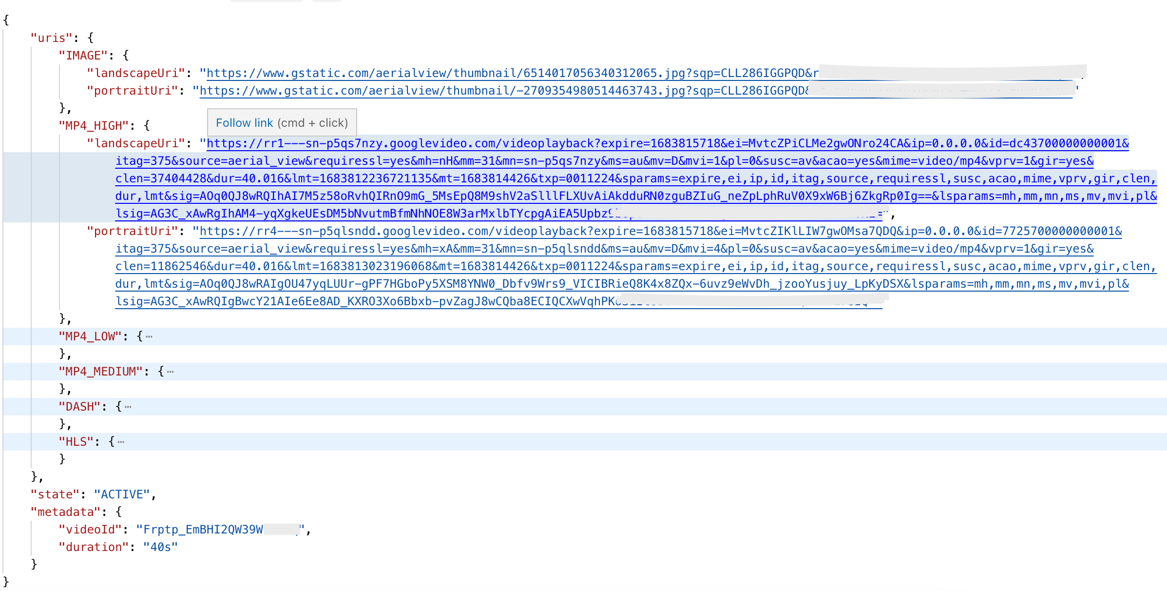 getVideo API call response example