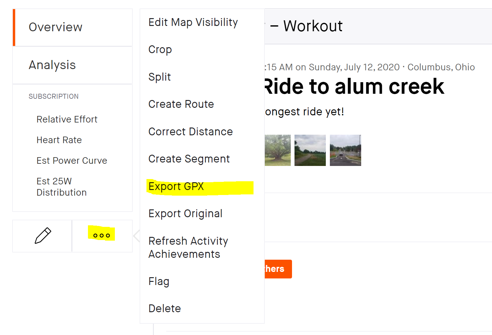 How to export an activity's GPX file. Image by Author on Strava.com.