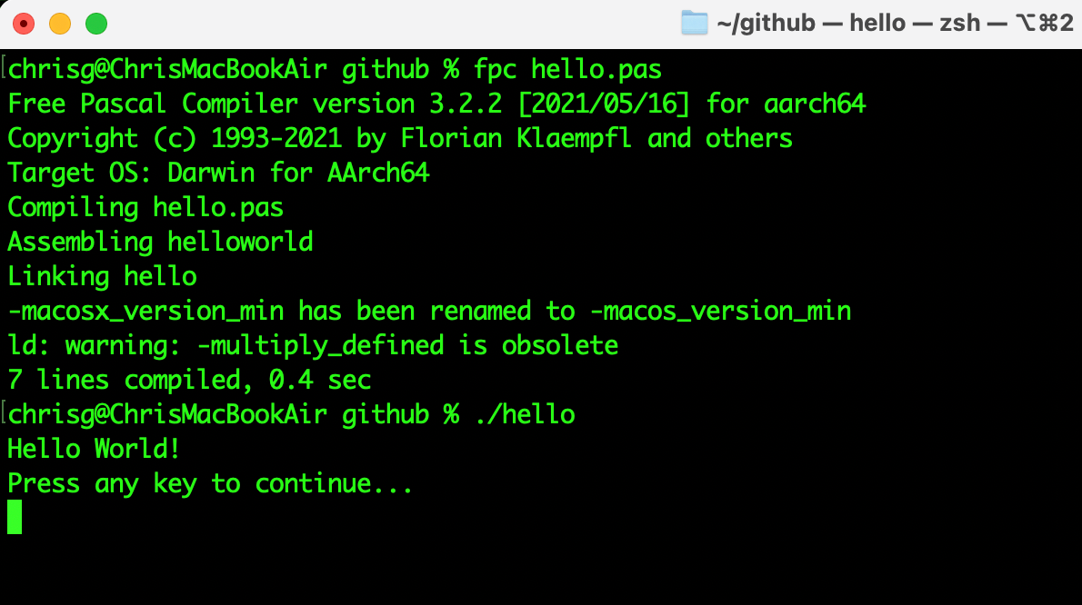 Hello.pas compiled and run on MacOS