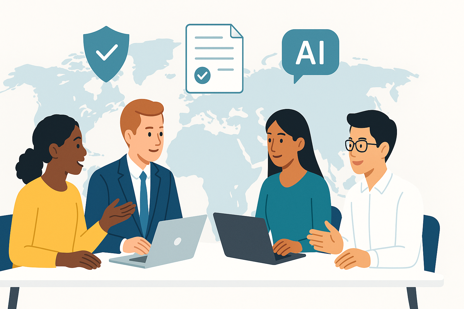 A global fintech team collaborating securely with AI-powered meeting notes assistants - efficiency, compliance, and clarity, all in one frame by First AI Movers.