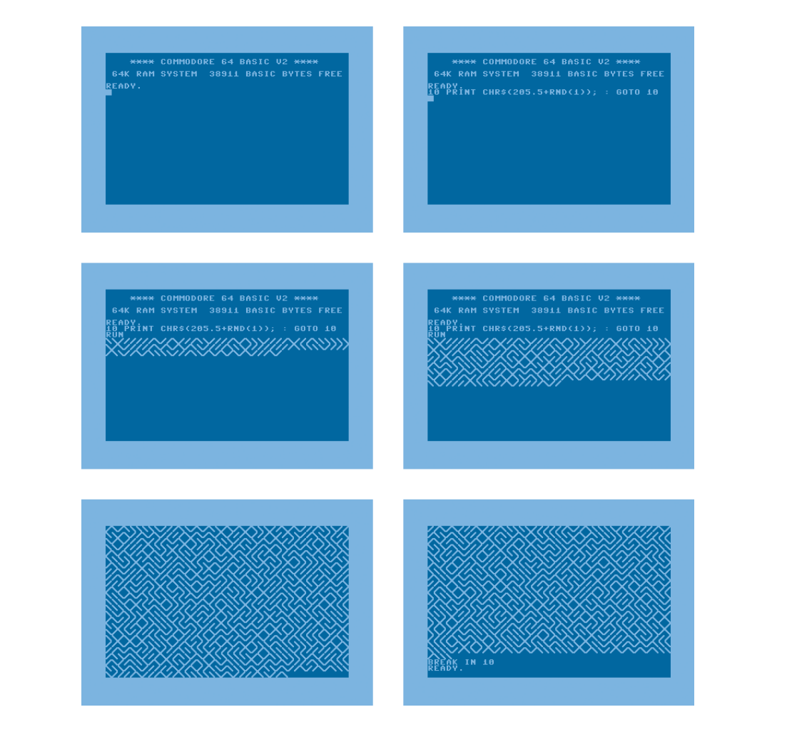 10 PRINT CHR$(205.5+RND(1)); : GOTO 10 | by Alessandra Vertrees