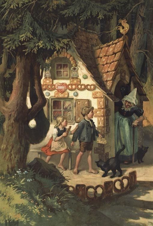Children walking through dark forest fairy tale