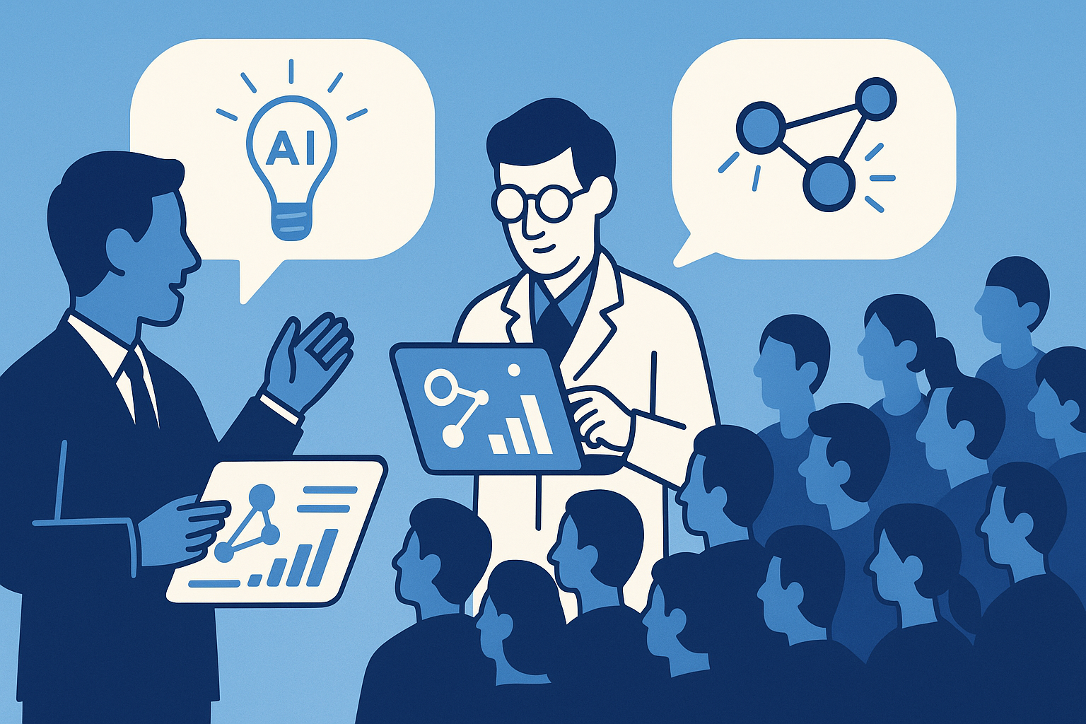Three-pillar AI transformation framework showing Leadership setting vision, Lab building solutions, and Crowd discovering innovations in a modern workplace setting, by First AI Movers.