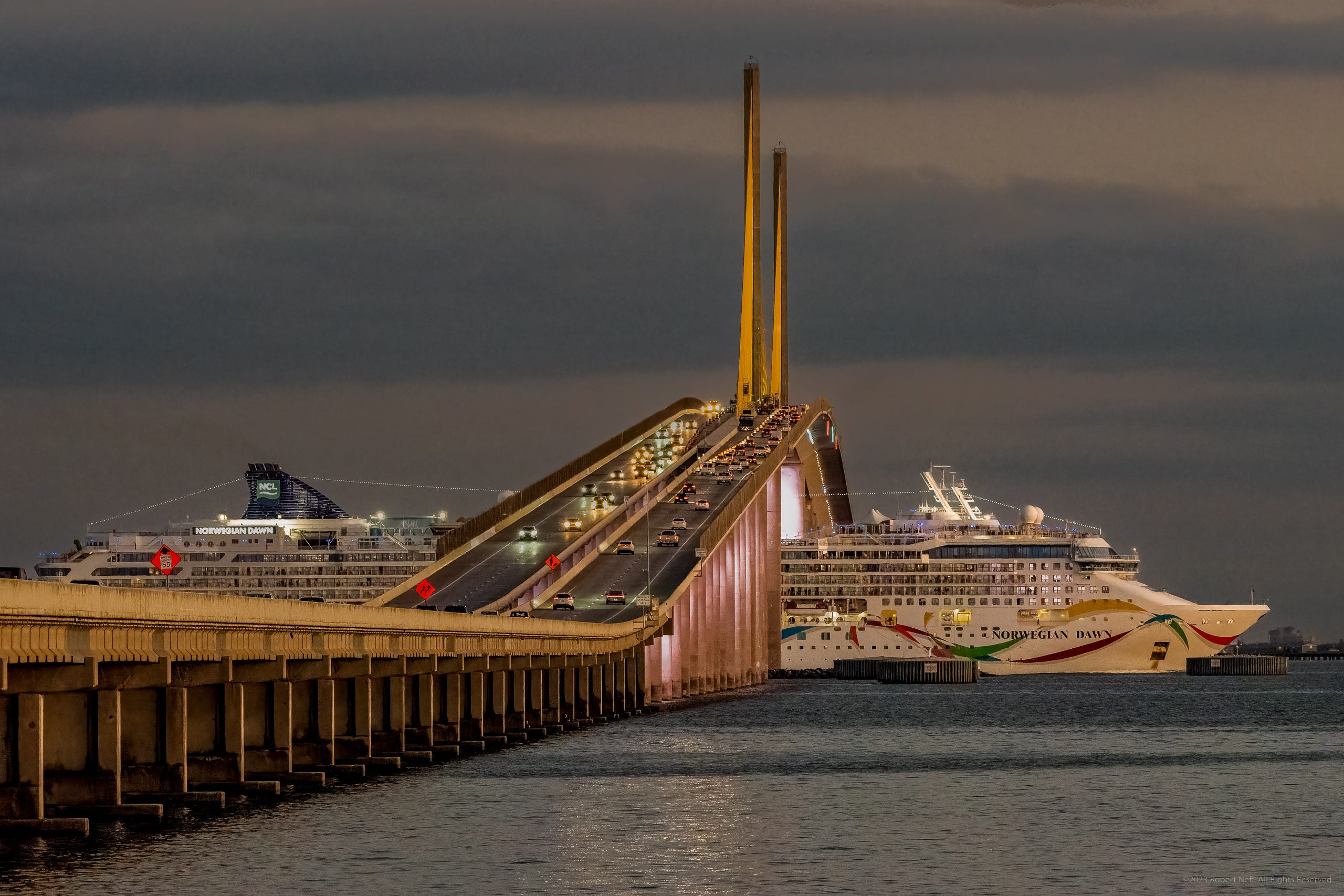 Norwegian Dawn centered under Sunshine Skyway Bridge | by Robert