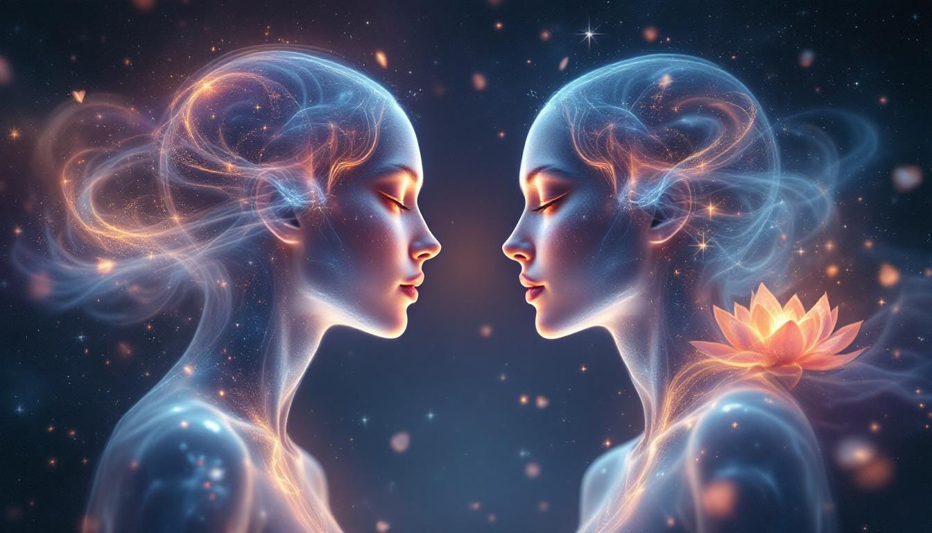 Two ethereal souls facing each other with glowing energy connection, illustrating spiritual awakening signs twin flames.