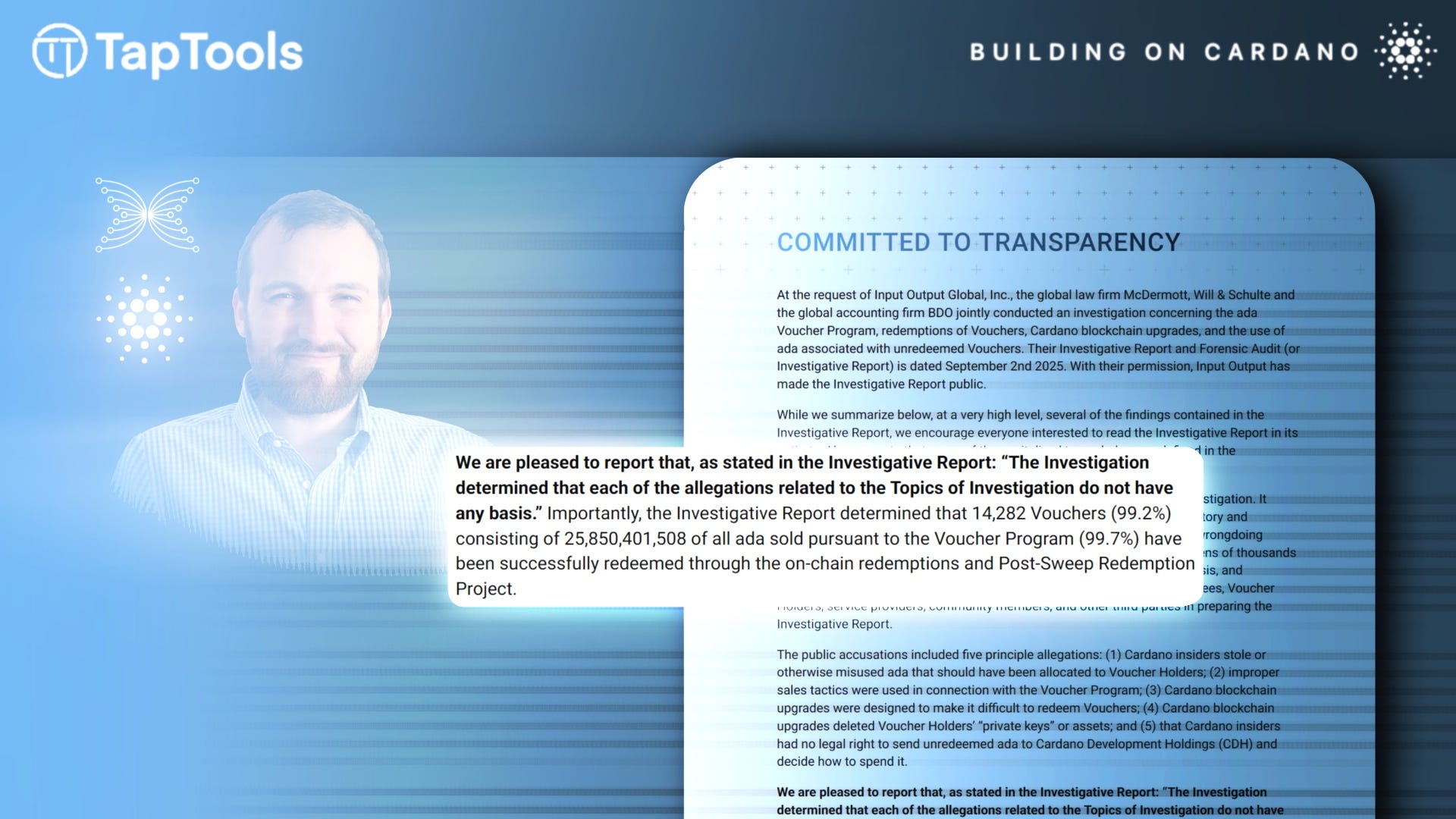 Audit Report: No Misconduct by Charles Hoskinson or Input Output Global |  by Tap In With TapTools | Tap In With TapTools | Medium