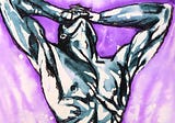 Dynamic front view of a male nude chest created using watercolour and charcoal