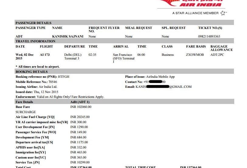 Air India Booking Reference Number Example