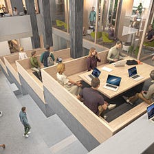 Post-COVID office features automated desk sanitizing and shared digital platforms