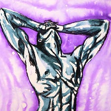 Dynamic front view of a male nude chest created using watercolour and charcoal