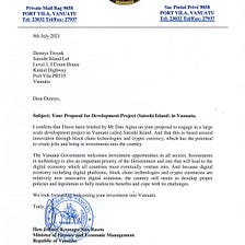 Letter Of Support From The Vanuatu Minister Of Finance