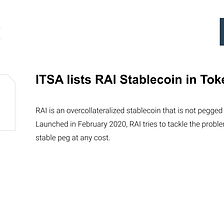 ITSA lists RAI Stablecoin in Tokenbase