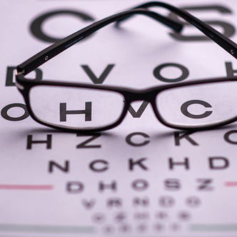 A pair of black eyeglasses sits on top of an optometrist’s eye chart.