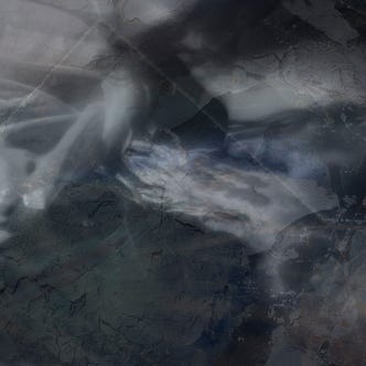 Abstract, textured image that includes a woman’s profile and bone-like structures in a muted palette of black, gray and blue.