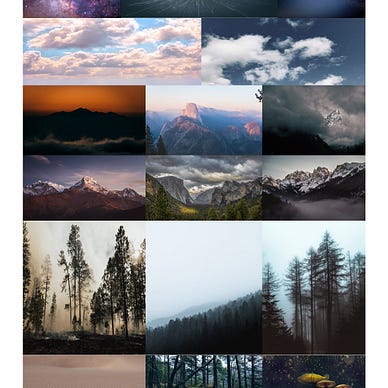 A collection of natural images such as the ground of a forest, desert extending higher through the natural layers of our existence (moving through the trees, to the mountains, sky, then stars) showing our place in this reality of current.
