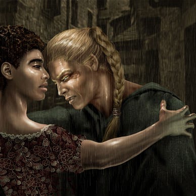 Two women embraced in a dark alley fantasy setting.
