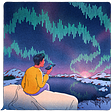 Illustration of a person making a voice recording while overlooking an aurora borealis of sound bites.